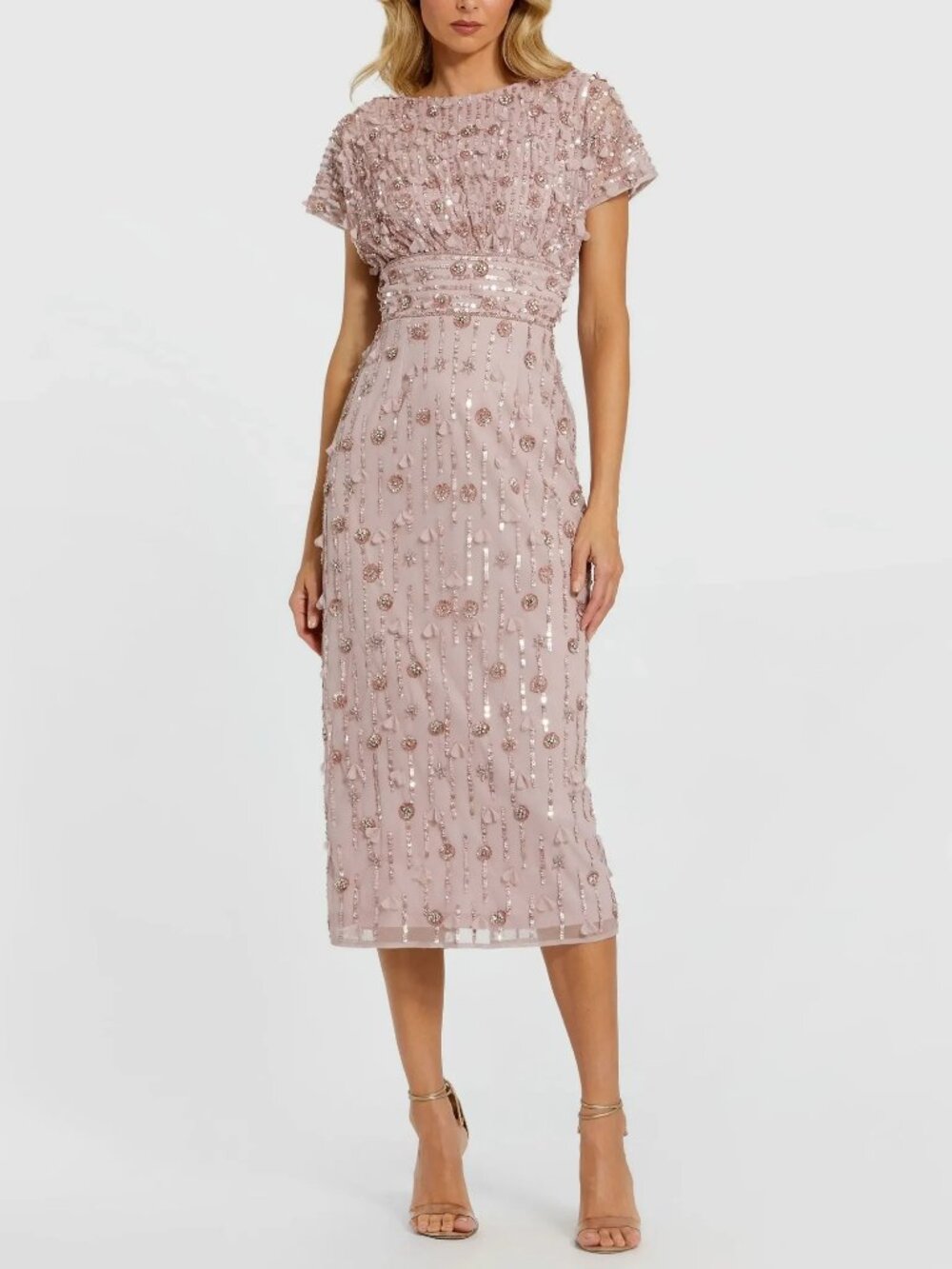 Mac Duggal Sheath Midi Dress Cap Sleeve Floral Sequin Mauve Pink 94117 Size 6